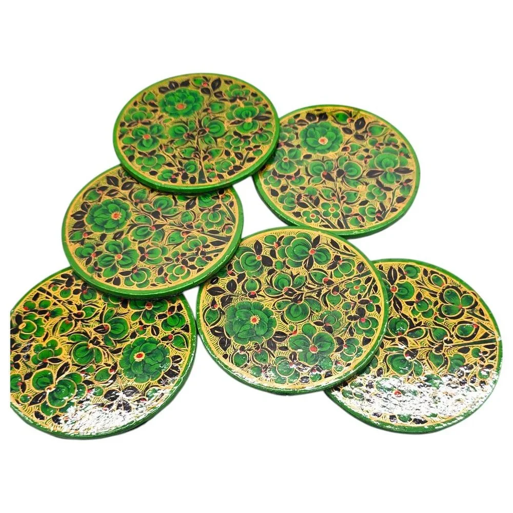 Paper Mache Green Floral Coaster Set Of 6 Storage Box Lacquered‎ Hand Painted